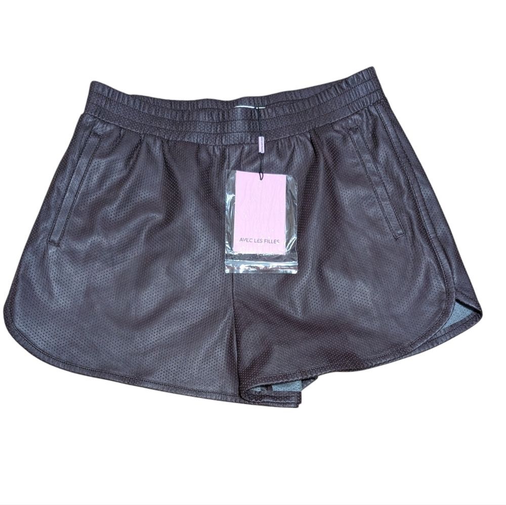 NWT Avec Les Filles shorts woman's Medium perforated faux leather brown pull on